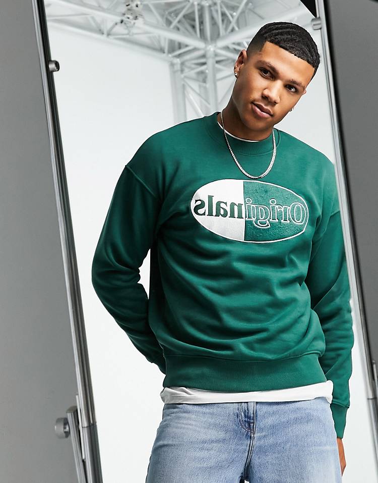 Jack & Jones Originals retro logo crew sweatshirt in green